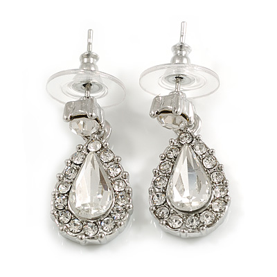 Small Clear Crystal Teardrop Earrings In Rhodium Plating - 2.5cm Length - main view