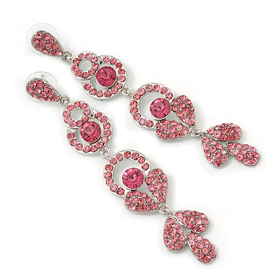 Long Luxury Pink  Crystal Drop Earrings In Rhodium Plating - Length 9cm - main view