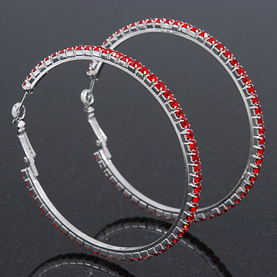 Red Crystal 'Hoop' Earrings In Rhodium Plating - 6cm Diameter