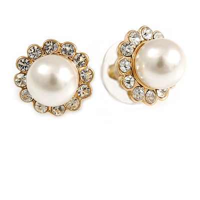 Small Classic Diamante Simulated Glass Pearl Stud Earrings In Gold Plating - 12mm Diameter