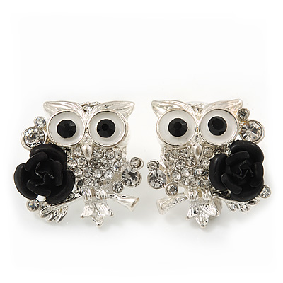 'Wise Owl With Rose' Crystal Paved Stud Earrings In Rhodium Plating - 2cm Length - main view