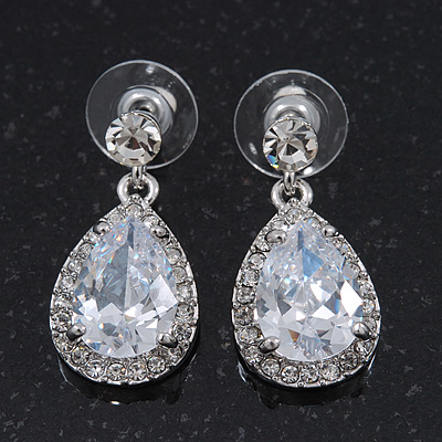 Bridal Clear Glass Crystal Teardrop Earrings In Rhodium Plating - 27mm Length