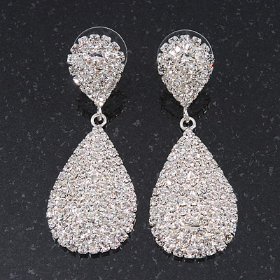 Bridal Pave-Set Clear Crystal Teardrop Earrings In Rhodium Plating - 5cm Length