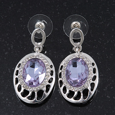 Light Amethyst CZ Crystal Oval Drop Earrings In Rhodium Plating - 35mm Length - main view