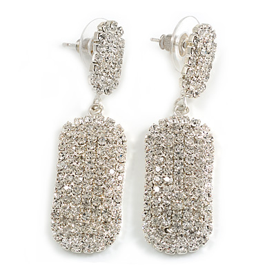 Bridal Pave-Set Clear Crystal Oval Drop Earrings In Rhodium Plating - 5cm Length - main view