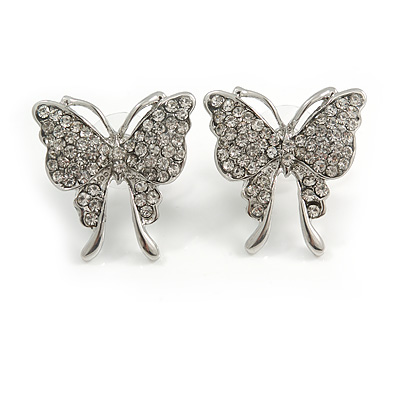 Rhodium Plated Pave Set Butterfly Stud Earrings - 26mm Length - main view