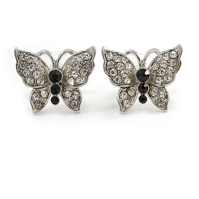 Rhodium Plated Pave Set Butterfly Stud Earrings - 20mm Width - main view