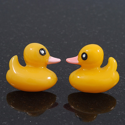 Cute Yellow Resin 'Duck' Stud Earrings In Silver Plating - 2cm Length - main view