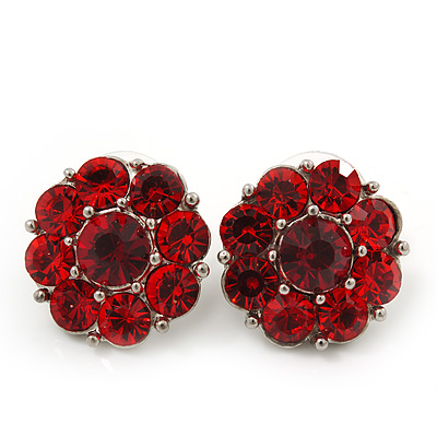 Ruby Red Coloured Crystal 'Flower' Stud Earrings In Rhodium Plating - 18mm Diameter