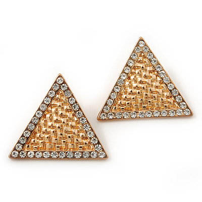 Gold Plated Textured Diamante Triangular Stud Earrings - 2.5cm Length - main view