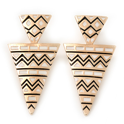 Black/ White Enamel Geometric Egyptian Style Drop Earrings In Gold Plating - 6cm Length - main view