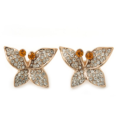 Gold Plated Pave Set Butterfly Stud Earrings - 22mm Width - main view