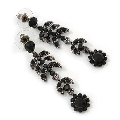 Delicate Jet Black Crystal Floral Drop Earrings In Gun Metal - 5.5cm Length - main view