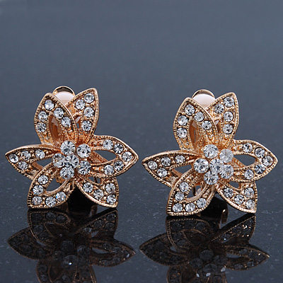 Diamante 'Flower' Clip-On Earrings In Gold Plating - 25mm Width - main view