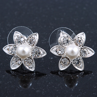 Teen Small Crystal, Simulated Pearl 'Flower' Stud Earrings In Rhodium Plating - 17mm Diameter - main view