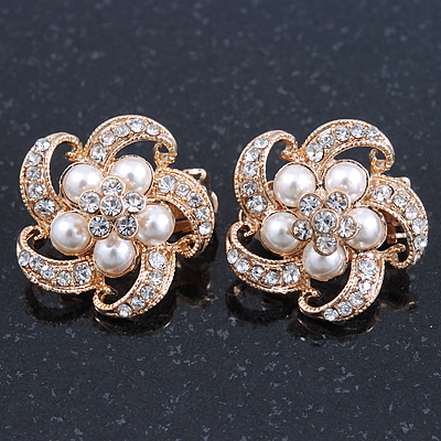 Diamante, Simulated Pearl 'Flower' Clip-On Earrings In Gold Plating - 23mm Width - main view