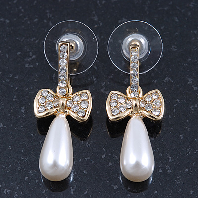 Delicate Teen Crystal, Simulated Pearl 'Bow' Stud Earrings In Gold Plating - 3cm Length - main view