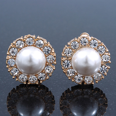 Diamante, Simulated Pearl Flower Clip-On Earrings In Gold Plating - 23mm Diameter - main view