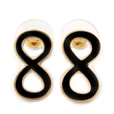 Small Black Enamel 'Infinity' Stud Earrings In Gold Plating - 20mm Length - main view