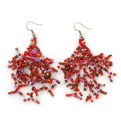 Boho Red Glass Bead Drop Earrings In Silver Plating - 7cm Length