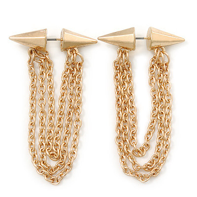 Faux Flesh Tunnel Spikes With Dangle Chains (Gold Plated) - 6cm Drop