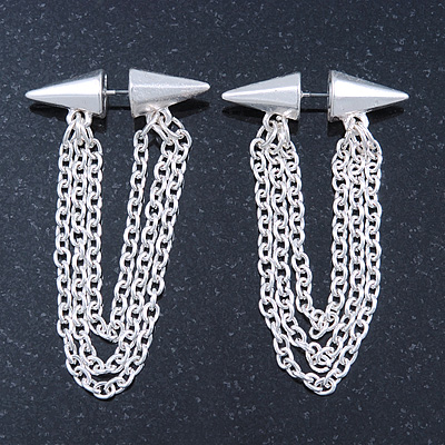 Faux Flesh Tunnel Spikes With Dangle Chains (Silver Plated) - 6cm Drop