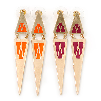 Two Pairs Orange/ Magenta Enamel Triangle Earring Set In Gold Plating - 7cm Length - main view