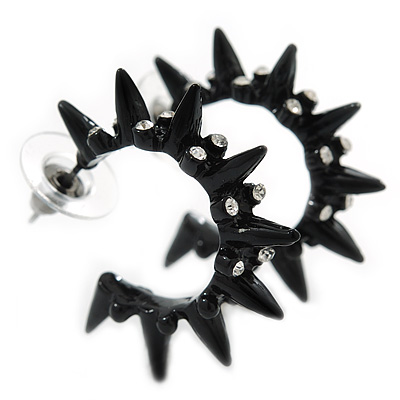 Black Enamel and Diamante Rock Chick Spiked Hoops - 3cm width - main view