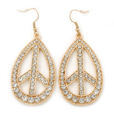Clear Diamante Oval 'Peace' Drop Earrings In Gold Plating - 65mm Length