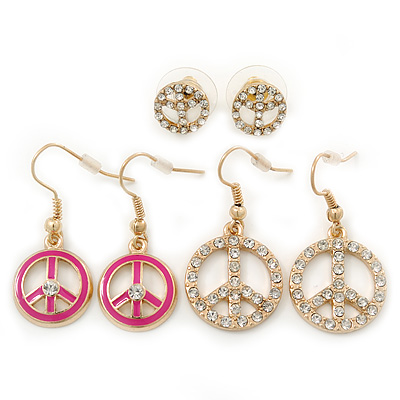 3 Pairs Clear Crystal Fuchsia Peace Earring Set In Gold Plating - 10mm, 32mm, 35mm Length - main view