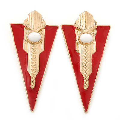 Statement Red Enamel Triangular Drop Earrings In Gold Plating - 6cm Length - main view