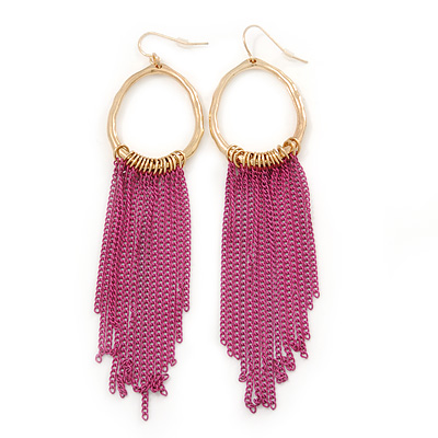 Gold Plated Hoop Earrings With Fuchsia Chains - 12cm Length - main view
