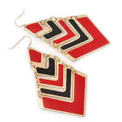 Black&Red Enamel Geometric Drop Earrings In Gold Plating - 8.5cm Drop