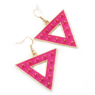 Groovy Neon Pink Spiky Triangular Drop Earrings In Gold Plating - 5.5cm Length - main view