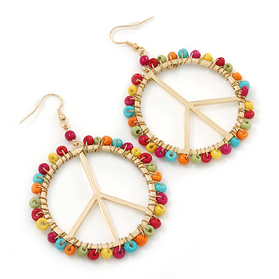 Round Multicoloured Bead 'Peace' Drop Earrings In Gold Plating - 50mm In Diameter - main view