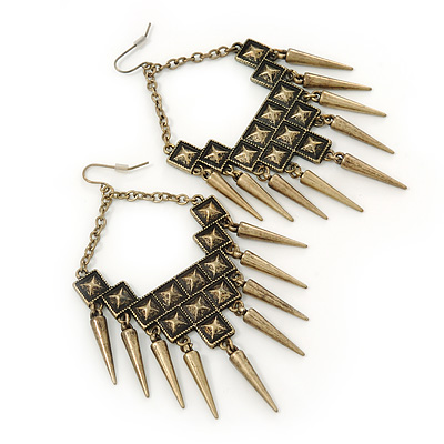 Oversized Vintage Spike Hammered Drop Earrings In Bronze Tone - 10cm Length - main view