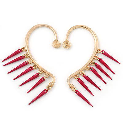 One Pair Dangle Magenta Spike Hook Cuff Earring In Gold Plating - main view