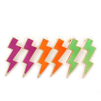 Three Pairs Neon Pink, Neon Orange, Neon Green 'Flash' Stud Earring Set In Gold Plating - 43mm Length - main view