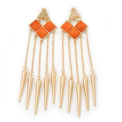 Long Orange Acrylic Bead Spike Dangle Earrings In Gold Plating - 12cm Length - main view