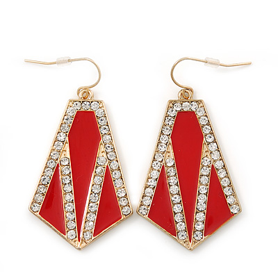 Crystal, Red Enamel Geometric Drop Earrings In Gold Plating - 5cm Length - main view