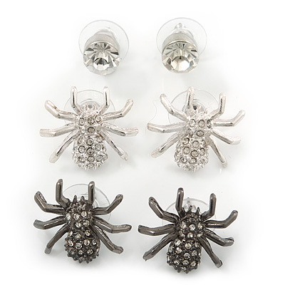 3 Pairs Silver/ Black Spider Stud Earring Set - 20mm, 7mm - main view