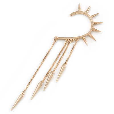 One Piece Gold Plated Spike Long Chain Hook Cuff Earring - 10.5cm Length - main view