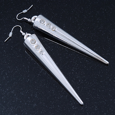 Oversized Crystal Spike Drop Earrings In Rhodium Plating - 10cm Length - main view