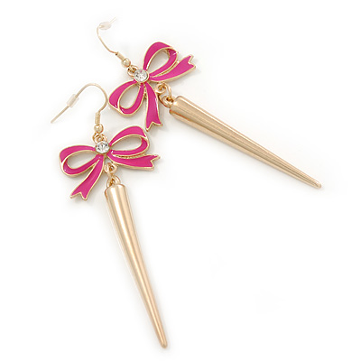 Long Spiky Earrings With Deep Pink Crystal Bow In Gold Plating - 8.5cm Length - main view
