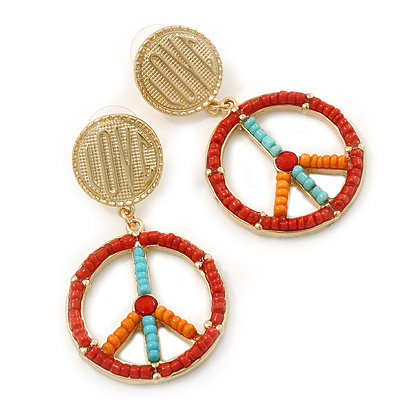 Multicoloured Bead 'Peace & Love' Drop Earrings In Gold Plating - 6cm Length - main view