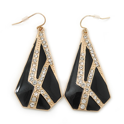 Crystal, Black Enamel Geometric Drop Earrings In Gold Plating - 5cm Length - main view
