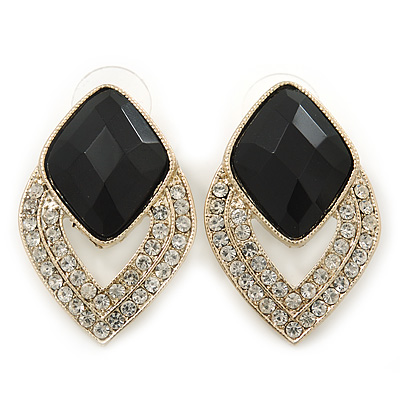 Diamante Black Acrylic Bead Diamond Shape Stud Earrings In Gold Plating - 37mm Length - main view