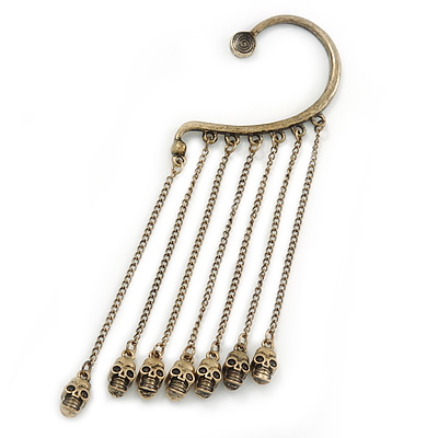 One Piece Burn Gold Skull Long Chain Hook Cuff Earring - 9cm Length