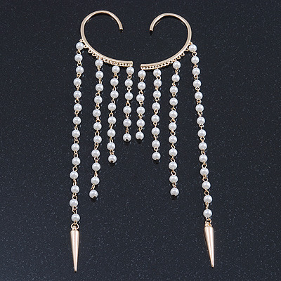 One Pair Long Dangle Cream Faux Pearl Bead Hook Cuff Earring In Gold Plating - 16cm Length - main view