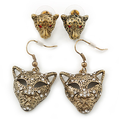 Bronze Tone Crystal 'Tiger' Earrings - 2 Pc Set - 42mm/ 14mm Length - main view